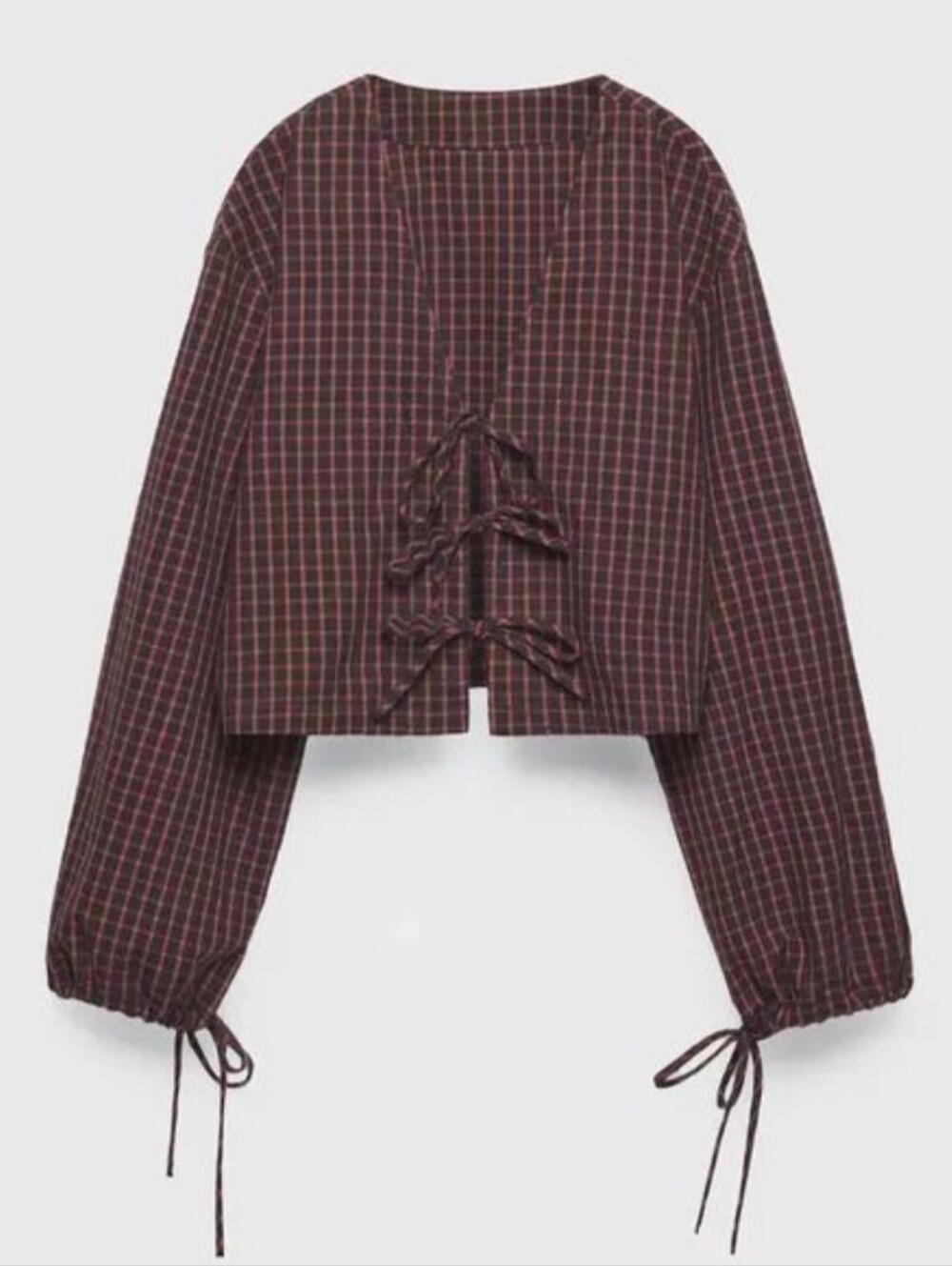 Zara Blouse NWT Size L Checkers Brown Red Long Sleeves Ties Cotton Boho Summer